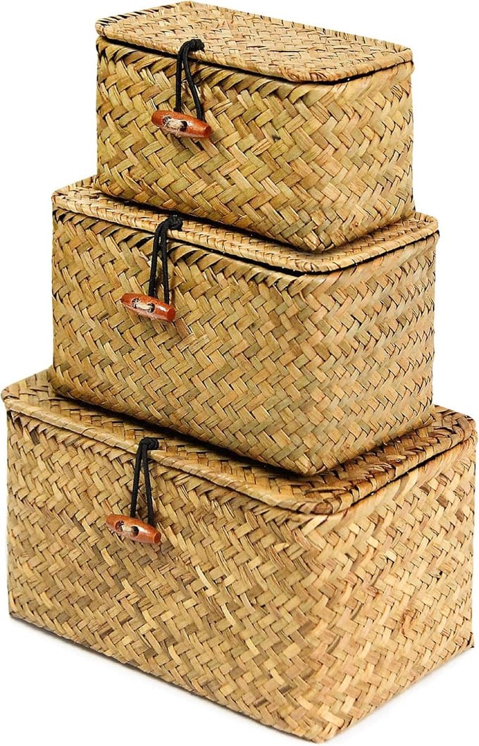 Plankmanden met deksel, set van 3 handgeweven zeegras opbergdoos rieten mand desktop make-up organizer multifunctionele container (origineel (S/M/L)