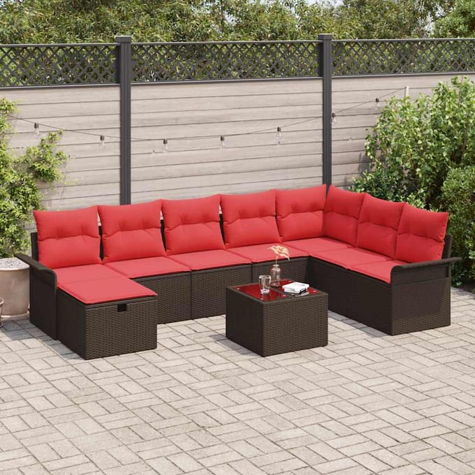 vidaXL - Tuinbank - Set - 9 - st - Bruin - en - Rood - poly - rattan