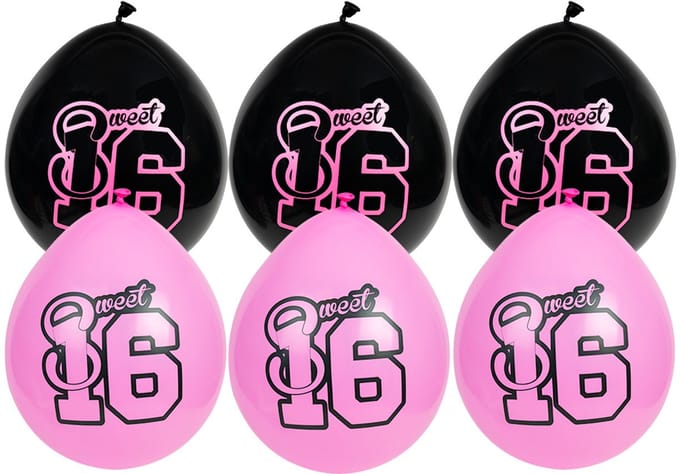 Ballonnen set | 6 stuks | Sweet 16 | Zwart | Roze