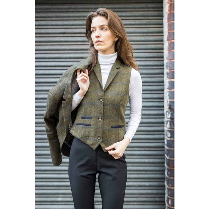 Dames olijfgroen getailleerde tweed gilet met visgraatmotief