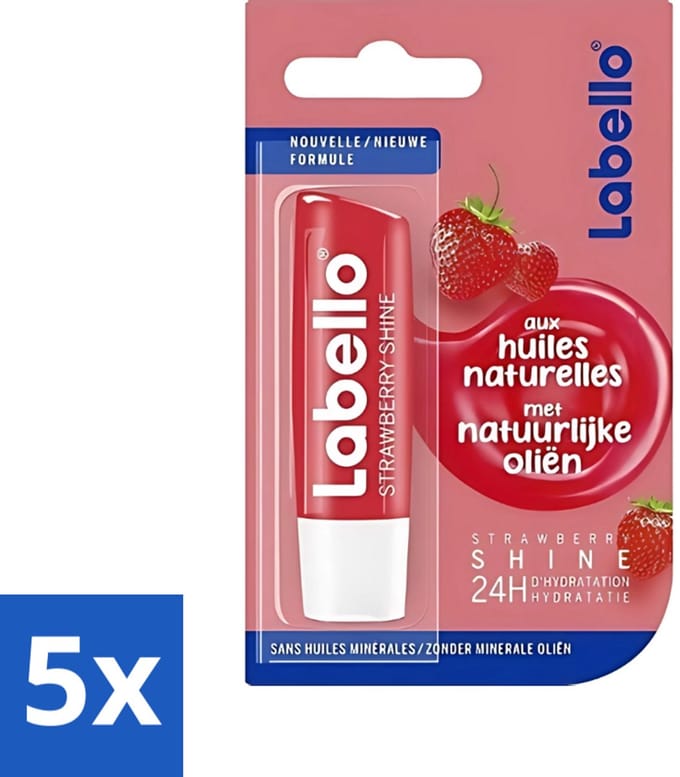 Labello - Fruity Shine Strawberry - Lippenbalsem - Aardbei & Glans - 5.5 ml - Bulkverpakking - 5 stuks
