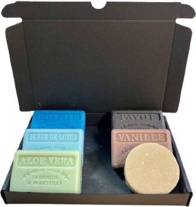zeep set savon de marseille aloë vera, fleur de lotus, fleur de lys, Pavot, Vanille + Shampoo bar