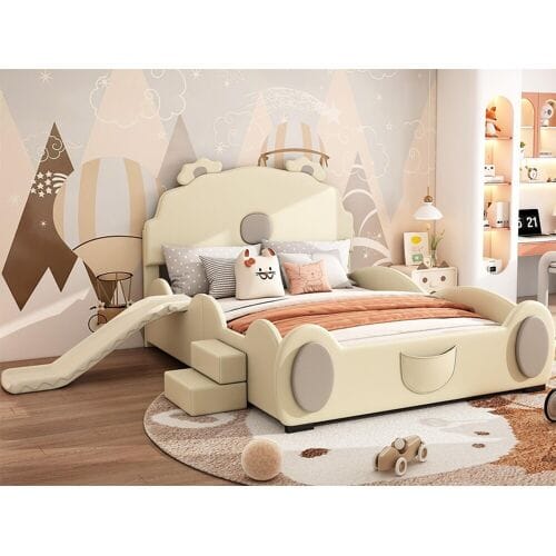 ModernLuxe Kunstleren kinderbed 140x200 cm - met glijbaan en ladder - Beige