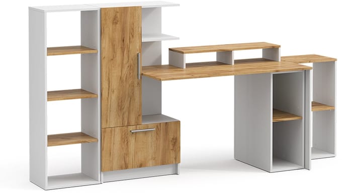 Vicco Bureau Tomy, Wit/Goudkleurig Eiken, 150 x 59 cm Set van 5