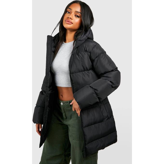 boohoo Dames Cinched Waist Puffer Jacket | Zwart | Maat: 36