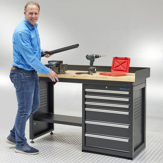 Datona® Werkbank PRO - eiken werkblad - 6 lades - 150 cm - Zwart