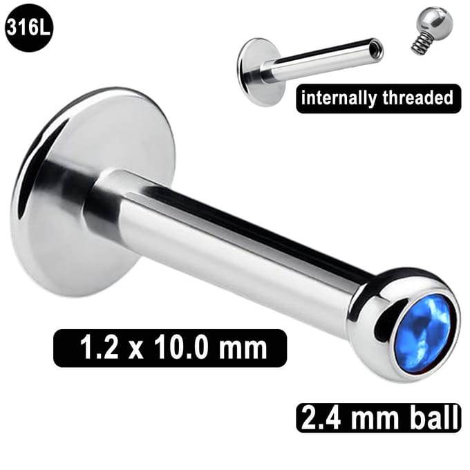 Labret Piercing - 1.2 mm x 10 mm – 316L Chirurgisch Staal - met Blauwe Kristal