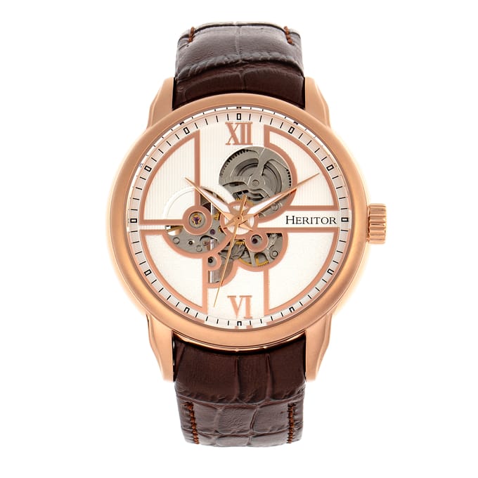 Heritor Automatic Sanford Semi-Skelet leren band horloge - Roségoud/bruin