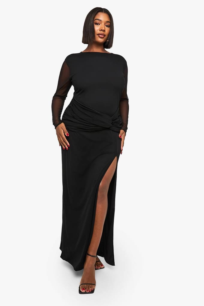 boohoo Dames plus maxi-jurk met mesh en twistdetail | Black | Maat: 28
