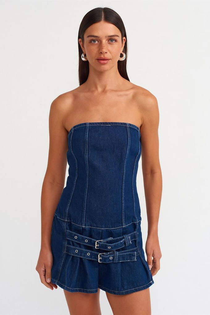Strapless Mini Denim Jurk Met Riem