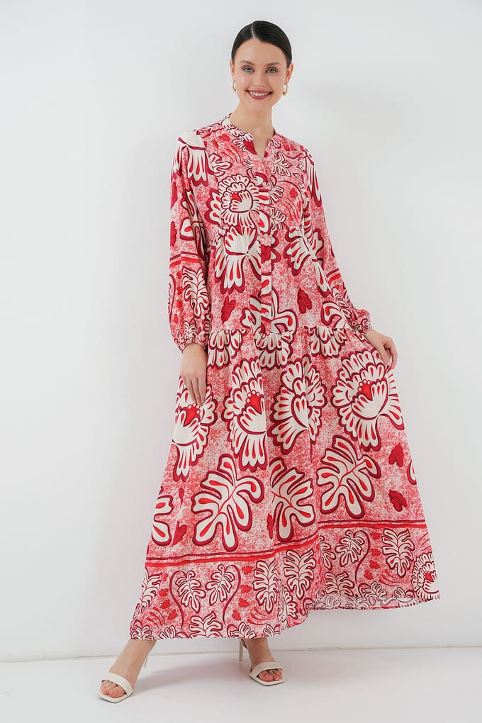 Geprinte V-hals Maxi-jurk met Knoopsluiting