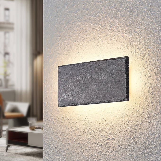 Lindby LED wandlamp Peetu, 22 cm lang, leisteen, dimbaar