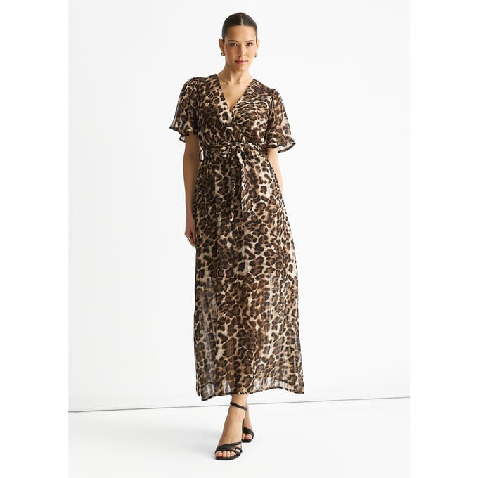 Bruine chiffon midi-jurk met dierenprint en lurexstrepen