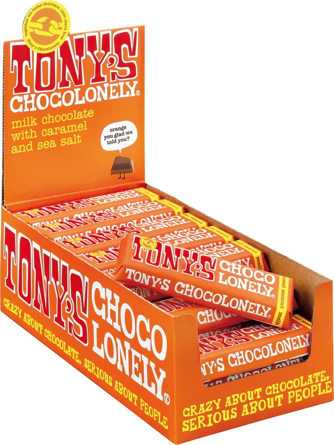 Tony's Chocolonely Chocolade Reep Melk Karamel Zeezout 35 x 47 gram Chocola