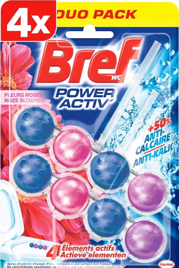 4 x Bref - Toiletblok - Power Activ - Pink Flowers - 2x50g