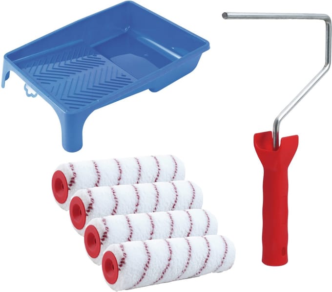 Sorex Verfrollers schilderen set - met beugel en verfbak - 4x anti spat rollers - breedte 25 cm