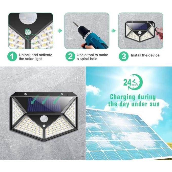 Lampe Solaire Extérieure 100 Led - Éclairage Détecteur De Mouvement 270° - prévision IP65 - Noir noir