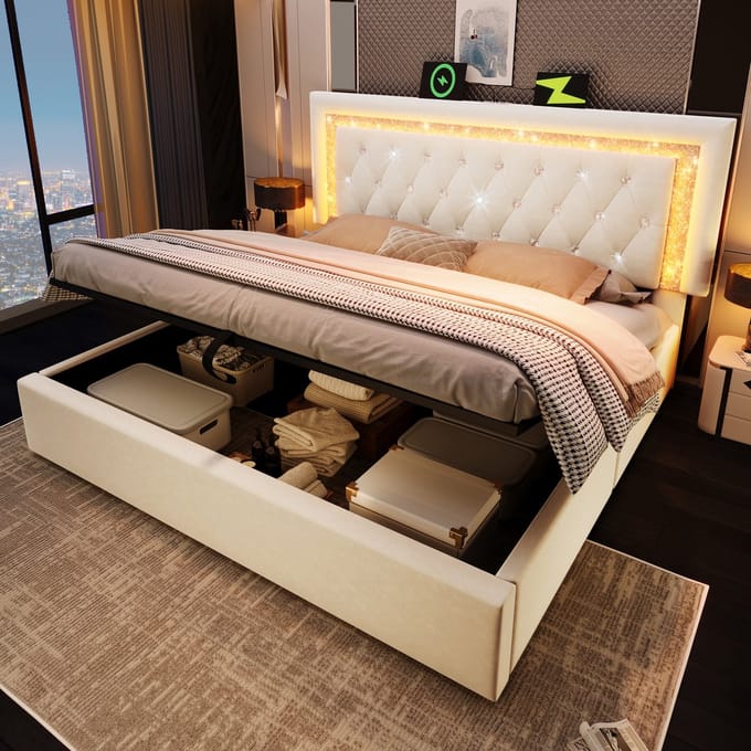 Sweiko Gestoffeerd bed - 180x200 cm - LED-verlichting - USB/Type-C - Opbergruimte - Beige