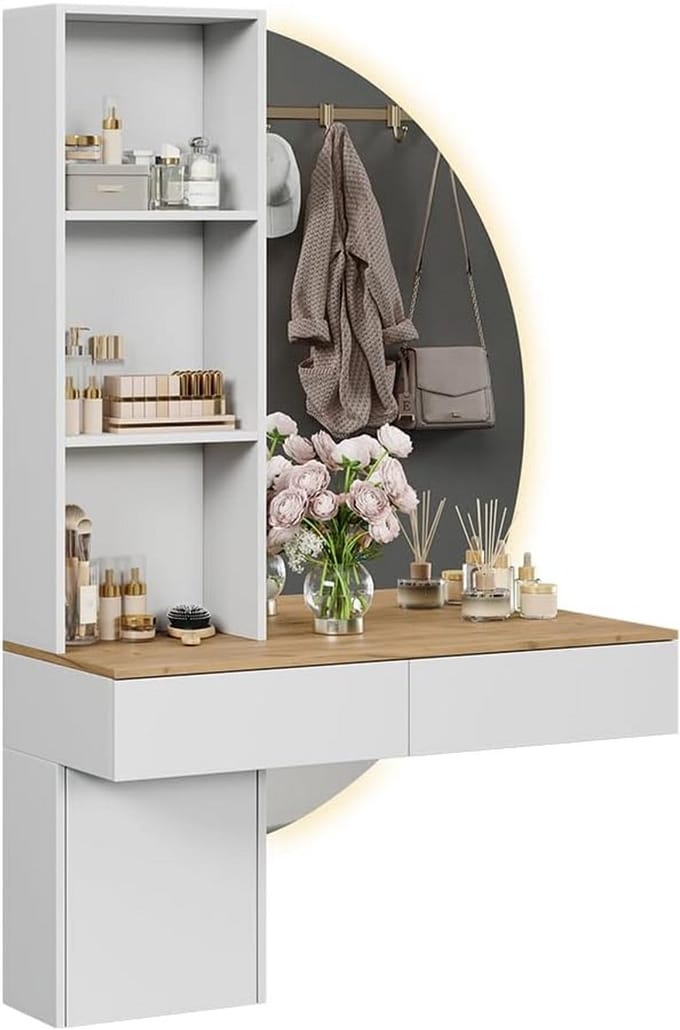 Kaptafel met spiegel - Make-uptafel meubel - Schoonheidsroutine thuis - Verstelbaar LED licht - 100 cm breed - Wit eiken