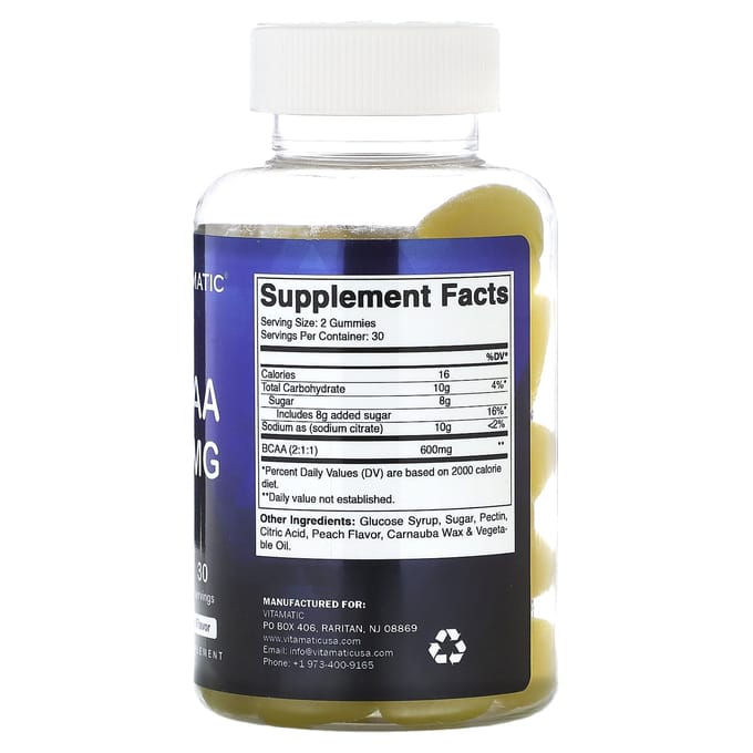 Vitamatic, BCAA, pêche naturelle, 600 mg, 60 gommes (300 mg par bonbon gélifié)