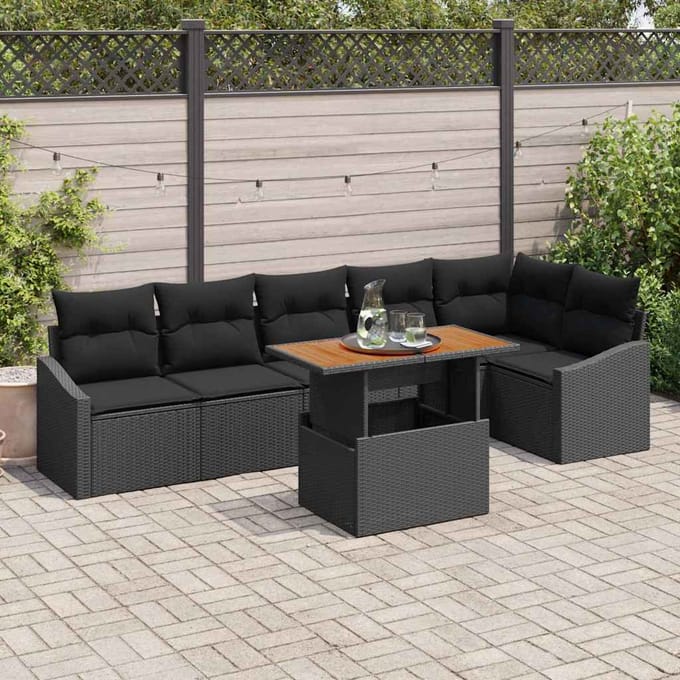 vidaXL Tuin Eettafel Set met kussen 7 pcs Zwart en Bruin