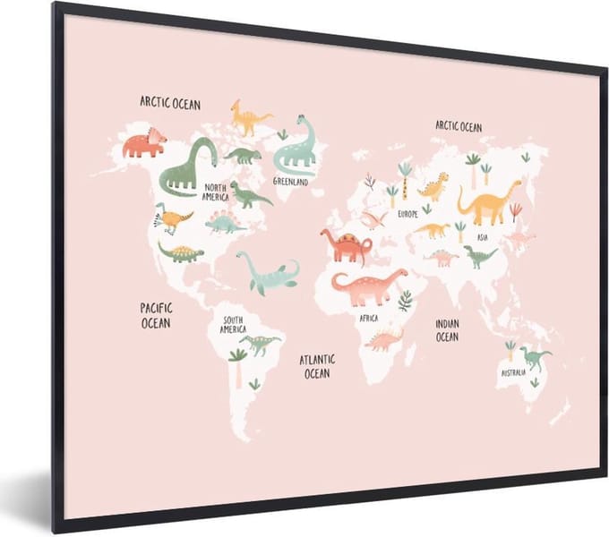 Wereldkaart - Kinderen - Dino - Schoolplaat - Kinderkamer - 80x60 cm