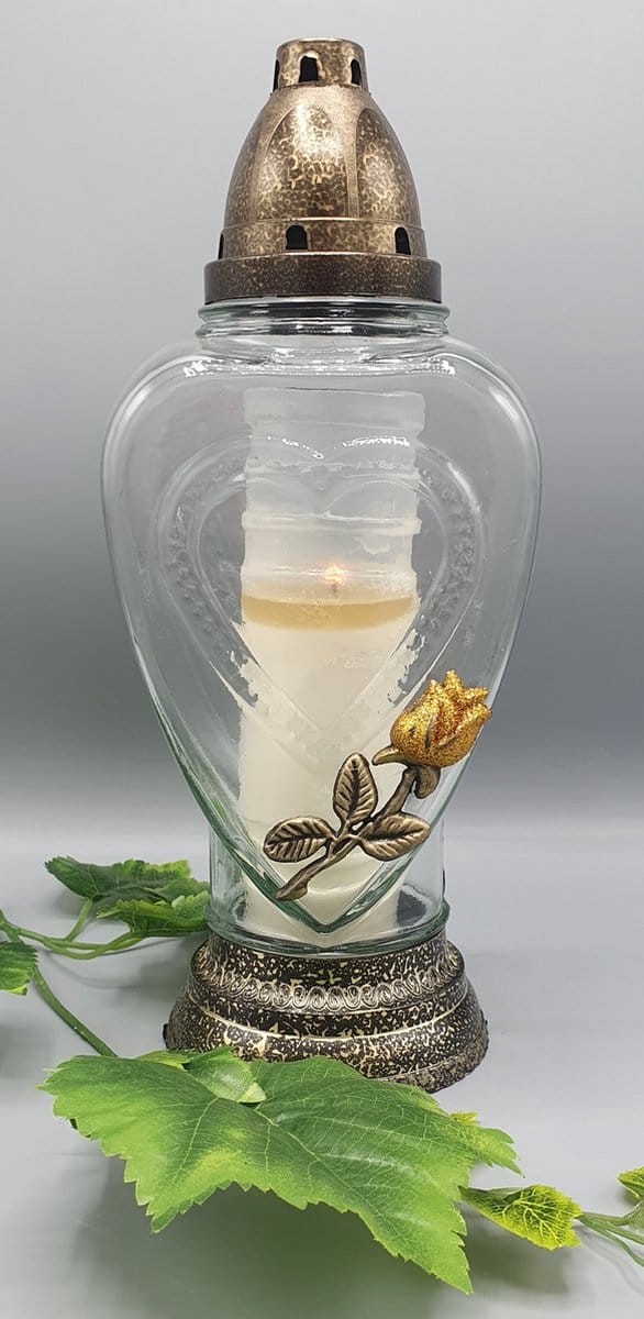 Herdenkingslicht - R416d- Goud - Hart- Roos- Grafkaars – Graflicht – Graflantaarn – Grafdecoratie - Windlicht
