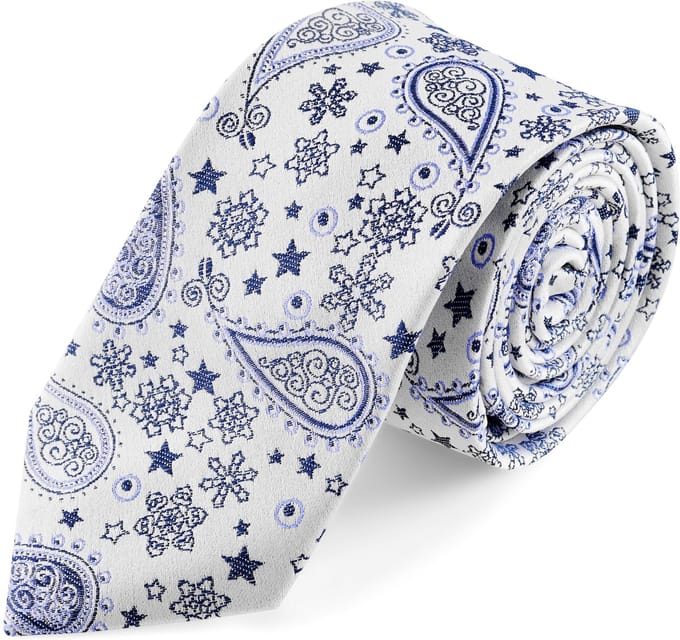 Zijden stropdas met wit en blauw paisleymotief | 6 cm