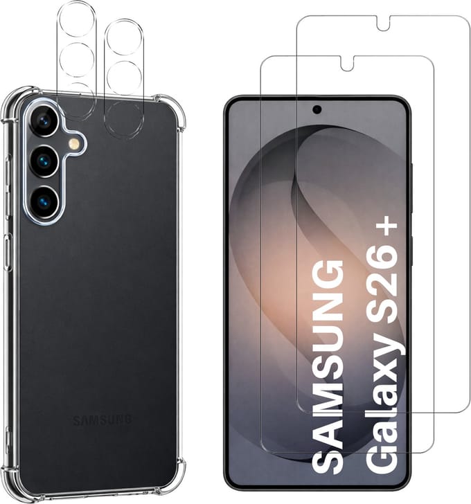 Hoesje geschikt voor Samsung Galaxy S26 Plus backcover Shockproof siliconen Transparant + 2 stuks Screenprotector Gehard Glas + 2 stuks Camera Protector