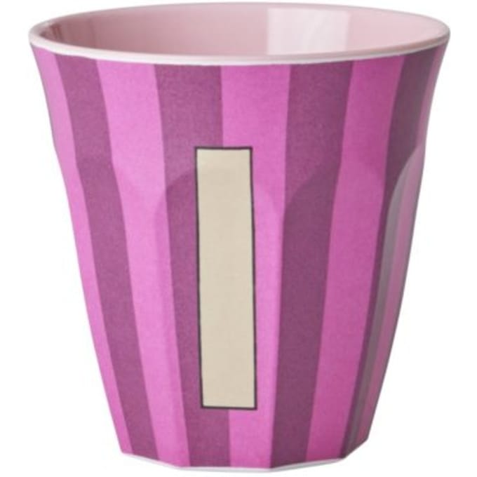 Rice melamine beker medium gestreept letter i, roze