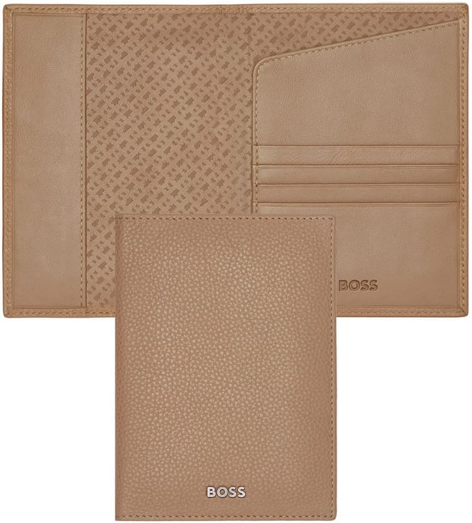 HUGO BOSS Leren Identiteitskaarthoesje Classic Grained Passport Case Camel Lichtbruin