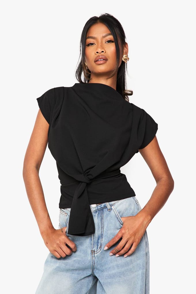 boohoo Dames Crepe Knoop Cowl Halsblouse | Black | Maat: 16