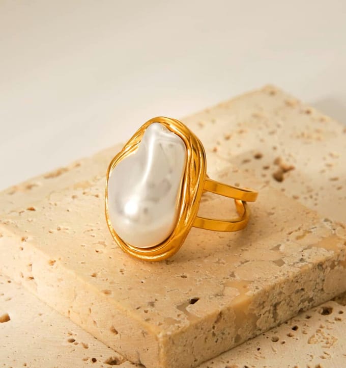 Verstelbare Statement Ring met Parel | Stainless Steel Goud