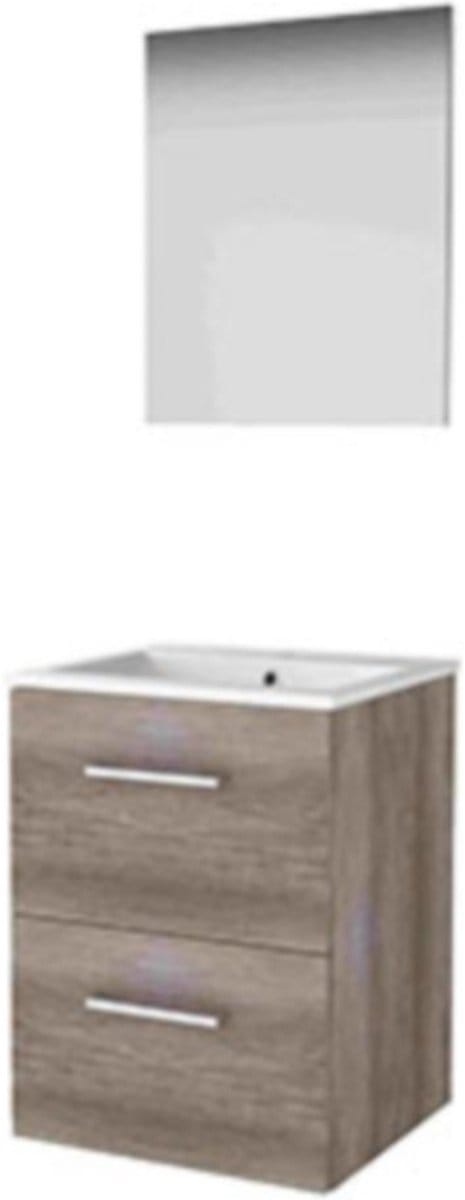 Basic-Line Basic 46 Badkamermeubelset - 50 x 46 cm - Met Grepen - 2 Lades - Keramische Wastafel - 1 Kraangat - Spiegel - Scotch Oak