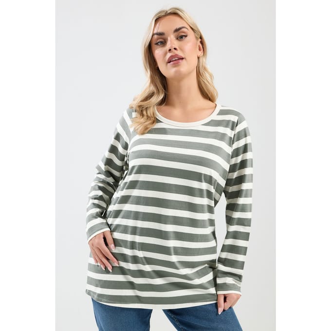Yours Sage Green Stripe Long Sleeve Tshirt Size 54-56