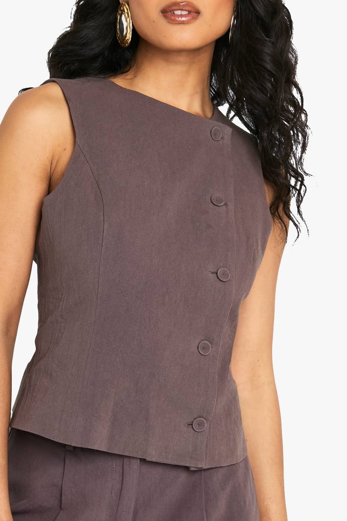 boohoo Dames Linnen Asymmetrisch Getailleerde Weste | Chocoladebruin | Maat: 34