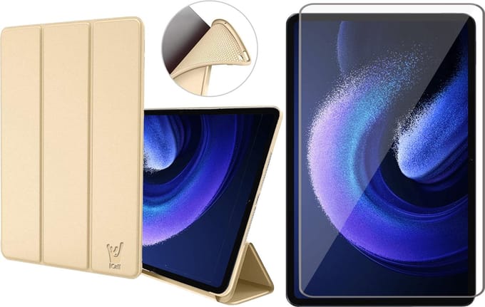 Hoesje geschikt voor Xiaomi Pad 6 - Screen Protector GlassGuard - SmartDefend Book Case Cover Kunstleer Goud & Screenprotector