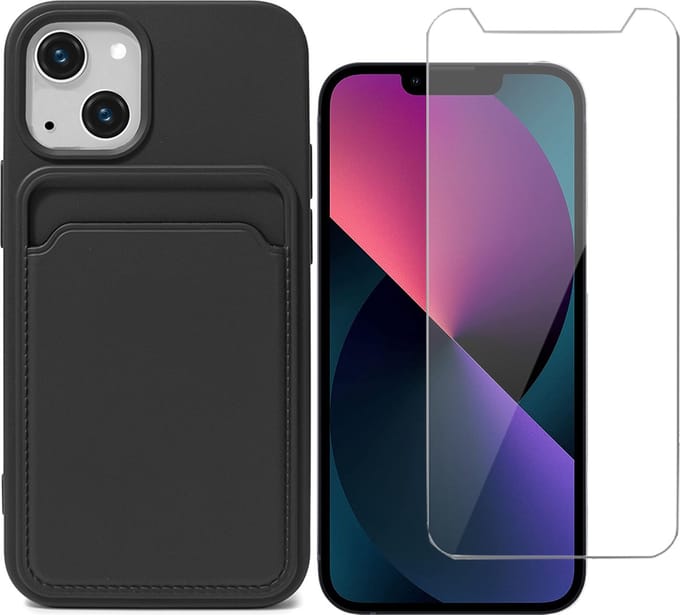 Hoesje Pasjeshouder geschikt voor iPhone 13 Mini Zwart - Siliconen Case Back Cover + Screenprotector Glas