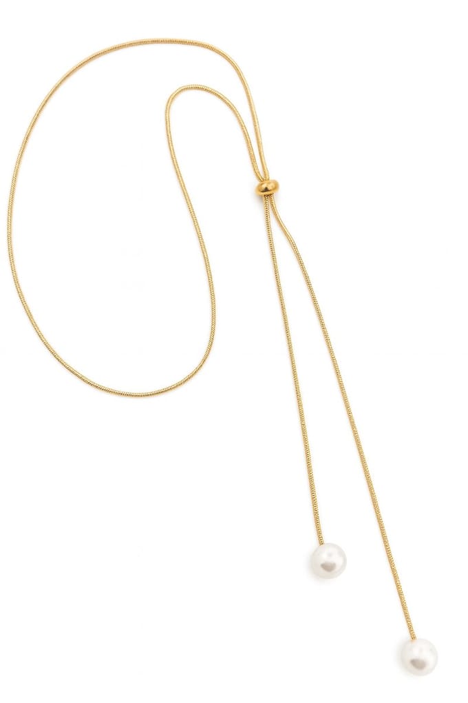 Goudkleurige elegante damesketting met slider schuif kraal en 2 parels - lengte 65 cm - snake schakel