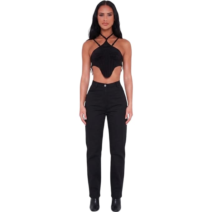 Missy Empire Dames Geribbelde Korset Top (Zwart)