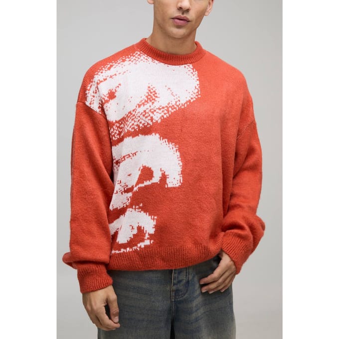 Oversized Boxy Geborstelde Oog Grafische Gebreide Trui | Orange | Size Medium