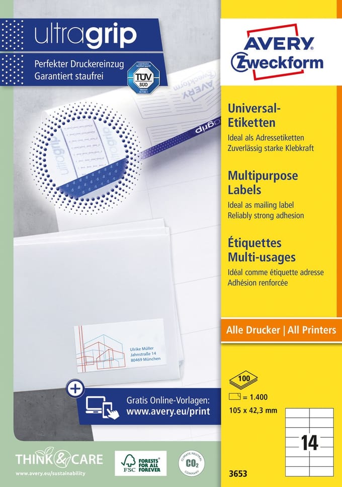 Avery 3653 - White - Rectangle - Permanent - 105 x 42.3 mm - A4 - Paper