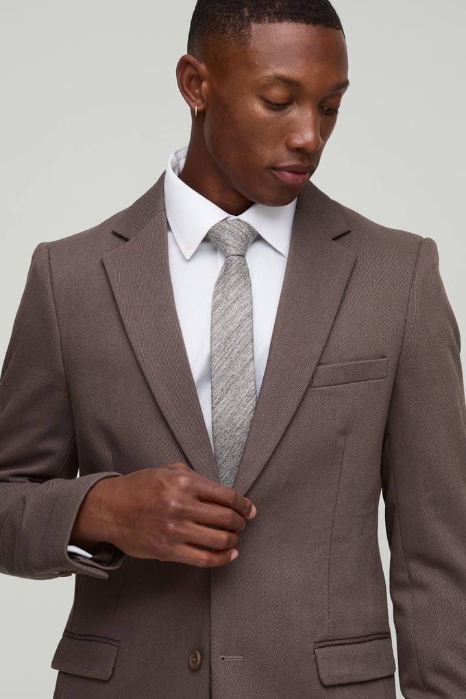 Slim Fit Single Breasted Twill Blazer | Mocha | Size 48