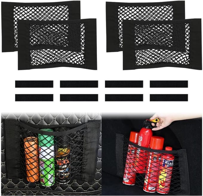 Famanu - Kofferbaknet set van 4 elastische auto opbergnetten met klittenband 40 x 25 cm