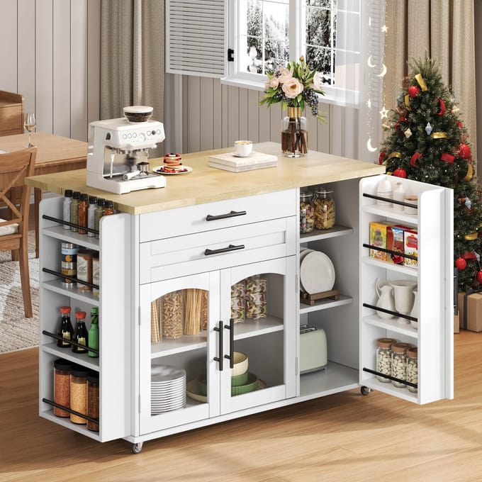 Clruro Mobiel Keukeneiland - Klapbaar Werkblad + 5 Rollen + Gewürzregal + Besteklade - 120×45(70)×90 cm - MDF - Wit