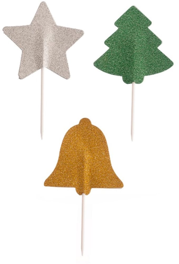 DEKORA - 3 glitter papieren prikkers Kerst 5 cm boom ster bel