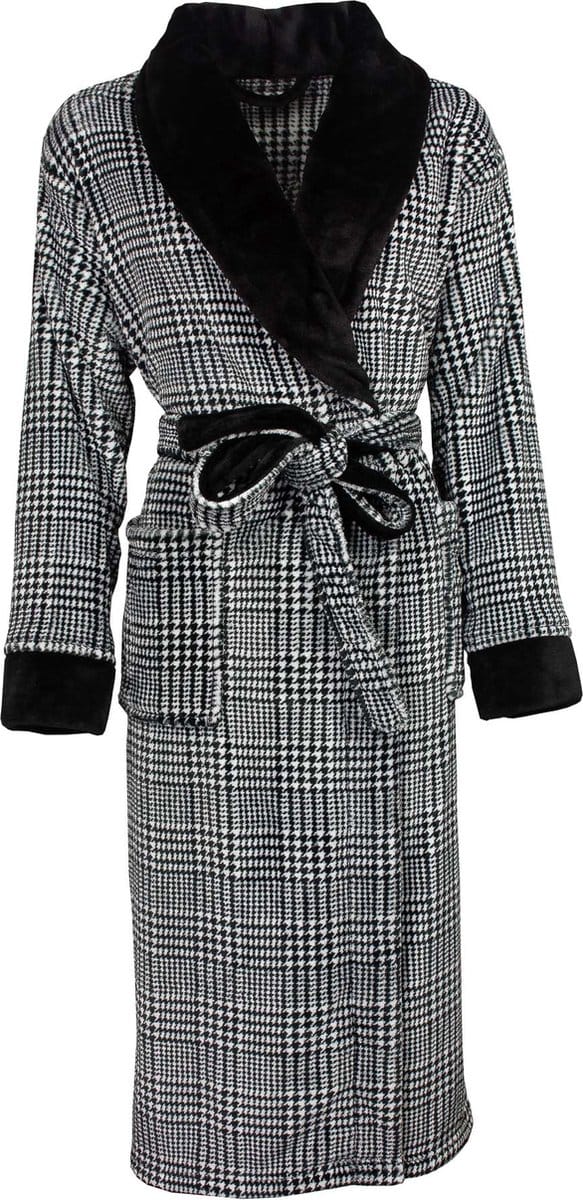 Medaillon Dames Badjas - Fleece - Ruit Dessin - Zwart - Maat L