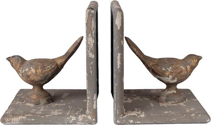 Clayre & Eef Boekensteunen Set van 2 26x15x16 cm Grijs Metaal Vogels