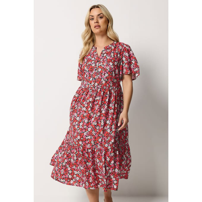 Yours Rode Jurk Met Bloemenprint En Knoopsluiting Size 58-60