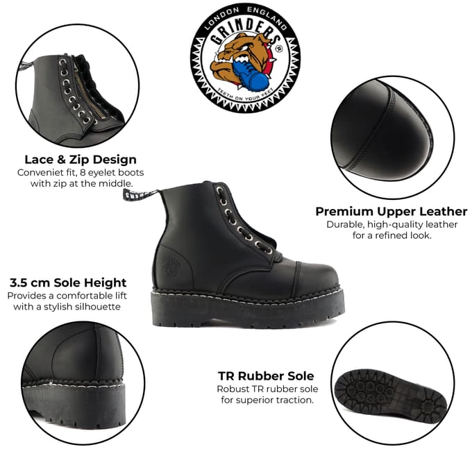 Grinders Unisex Zwarte Leren Enkel Casual Zip Laarzen - Cameron ACS